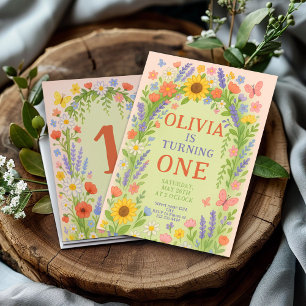 Wildflower Theme Girl 1st Birthday, First birthday Invitation