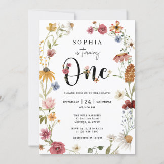 Wildflower Theme Girl 1st Birthday Invitation