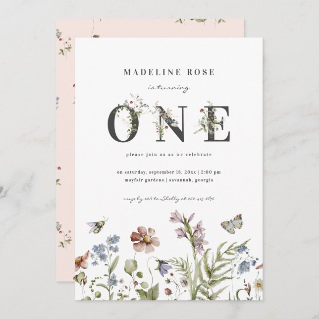 Wildflower Theme Girl 1st Birthday  Invitation (Front/Back)