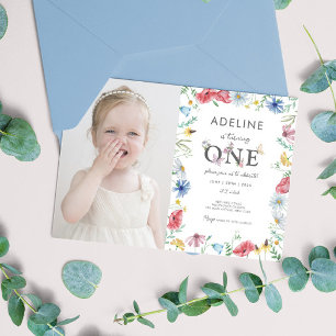 Wildflower Theme Girl 1st Birthday Photo  Invitation