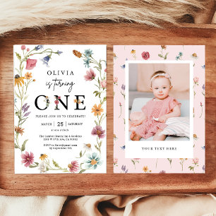 Wildflower Theme Girl 1st Birthday Photo Invitation