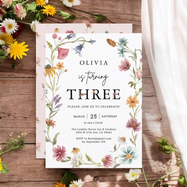 Wildflower Theme Girl 3rd Birthday Invitation (Creator Uploaded)