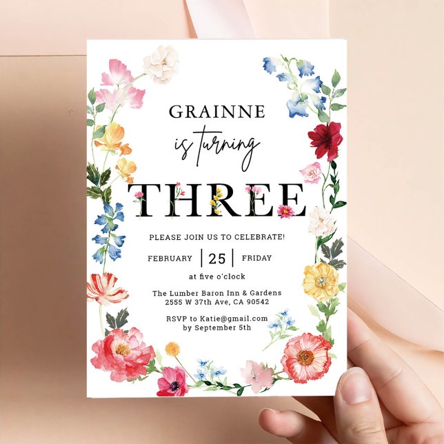 Wildflower Theme Girl 3rd Birthday Invitation (Creator Uploaded)