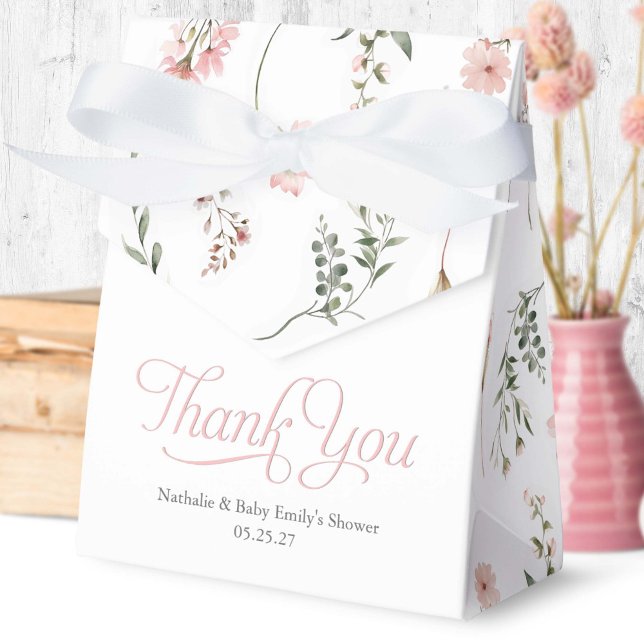 Wildflower themed elegant baby shower favour favour box (Elegant pink wildflower and sage green greenery thank you favor boxes.)