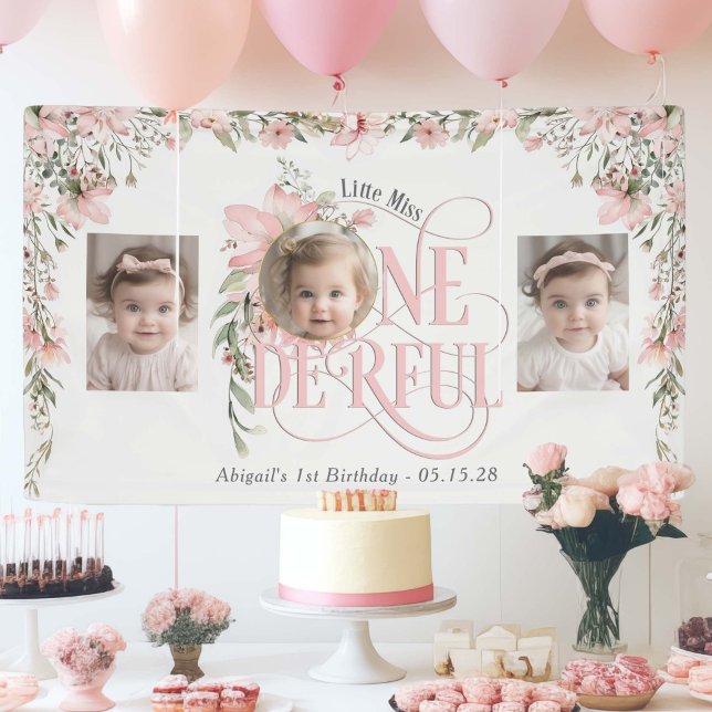 Wildflower Themed Miss Onederful photos backdrop Banner (Little Miss Onederful Themed, Wildflower design style. Birthday backdrop with photos.)