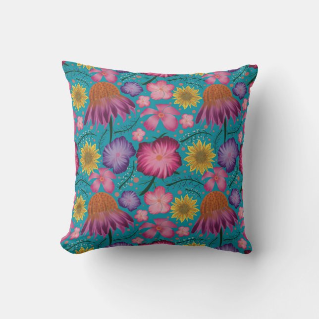 Wildflower Turquoise Floral Pattern  Cushion (Front)