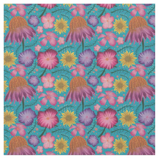 Wildflower Turquoise Floral Pattern Fabric (Close Up)