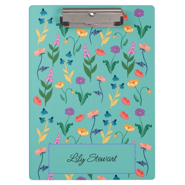Wildflower Turquoise Personalised Clipboard (Front)