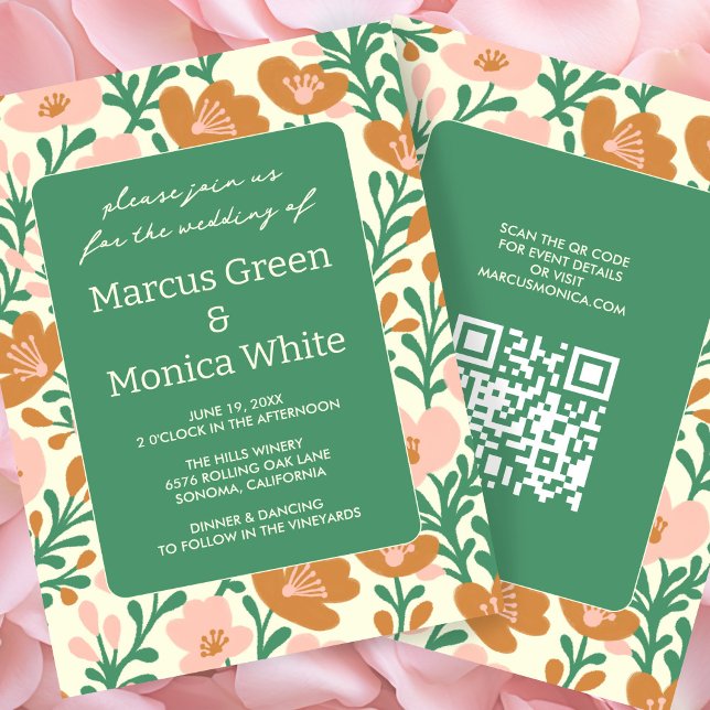 Wildflower Vines Pink Green Custom QR Code WEDDING Invitation (Wildflower Vines Pink Green Custom QR Code WEDDING Invitation
)