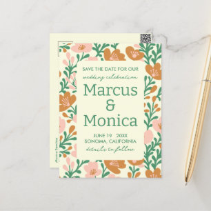 Wildflower Vines Pink Green Custom Save the Date Postcard