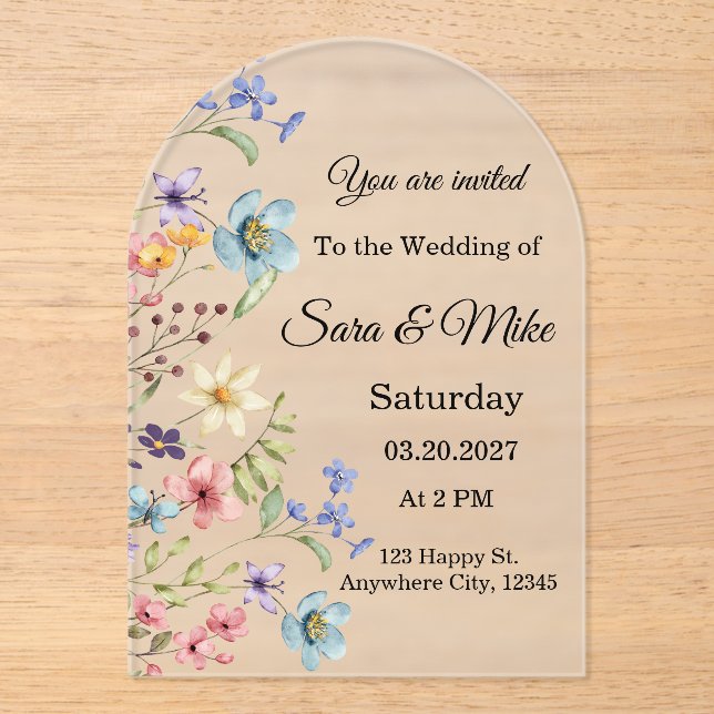 Wildflower Watercolor Acrylic Wedding Invitation (Front)