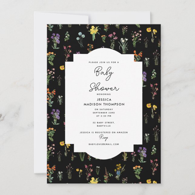 Wildflower Watercolor Black Botanical Baby Shower Invitation (Front)