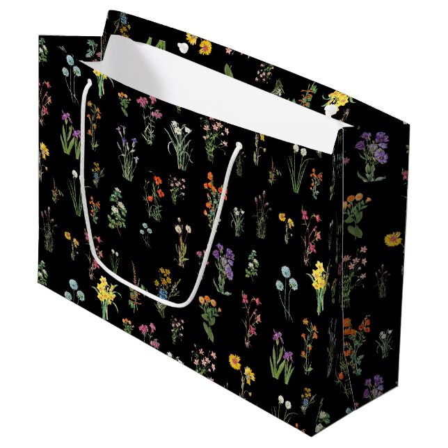 Wildflower Watercolor Black Botanical Floral Large Gift Bag (Front Angled)