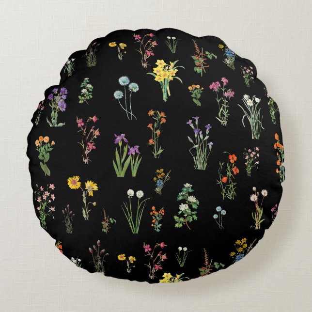 Wildflower Watercolor Black Botanical Floral Round Cushion (Front)