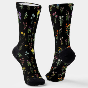 Wildflower Watercolor Black Botanical Floral Socks