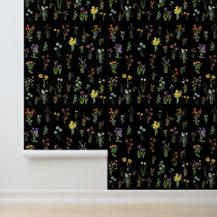 Wildflower Watercolor Black Botanical Floral Wallpaper