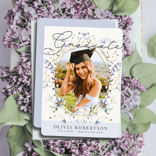 Wildflower Watercolor Blue Floral Photo Graduation Invitation