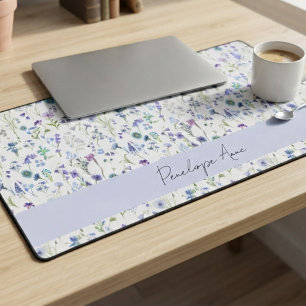 Wildflower Watercolor Blue Purple Script Name Desk Mat