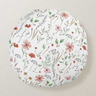 Wildflower watercolor boho vintage floral pattern round cushion