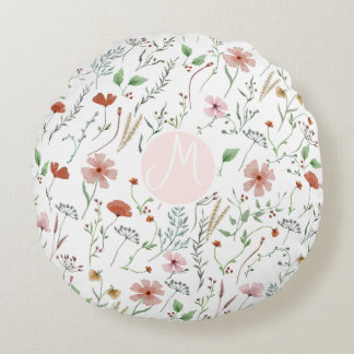 Wildflower watercolor boho vintage floral pattern round cushion