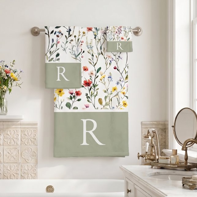 Wildflower Watercolor Botanical Monogram  Bath Towel Set (Creator Uploaded)