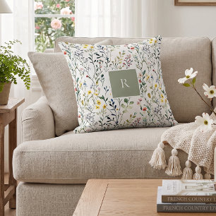 Wildflower Watercolor Botanical Monogram  Cushion