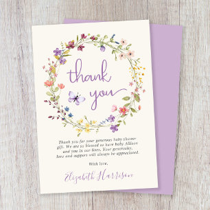Wildflower Watercolor Cream Baby Girl Shower Thank You Card