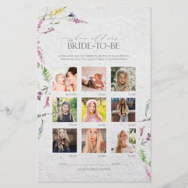 Wildflower Watercolor Floral Bridal Shower Game (Front)