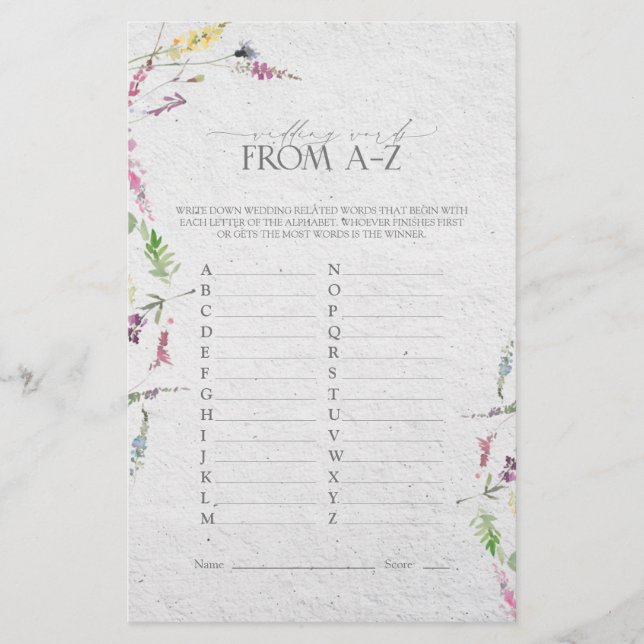 Wildflower Watercolor Floral Bridal Shower Game (Front)