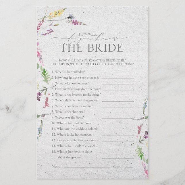 Wildflower Watercolor Floral Bridal Shower Game (Front)