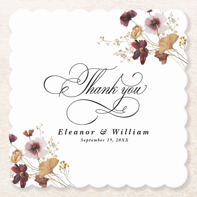Wildflower Watercolor Floral Calligraphy Wedding Paper Coaster (Front)