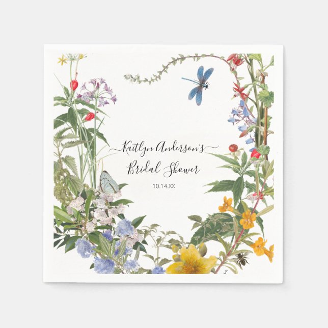 Wildflower Watercolor  Floral n Bees Bridal Shower Napkin (Front)