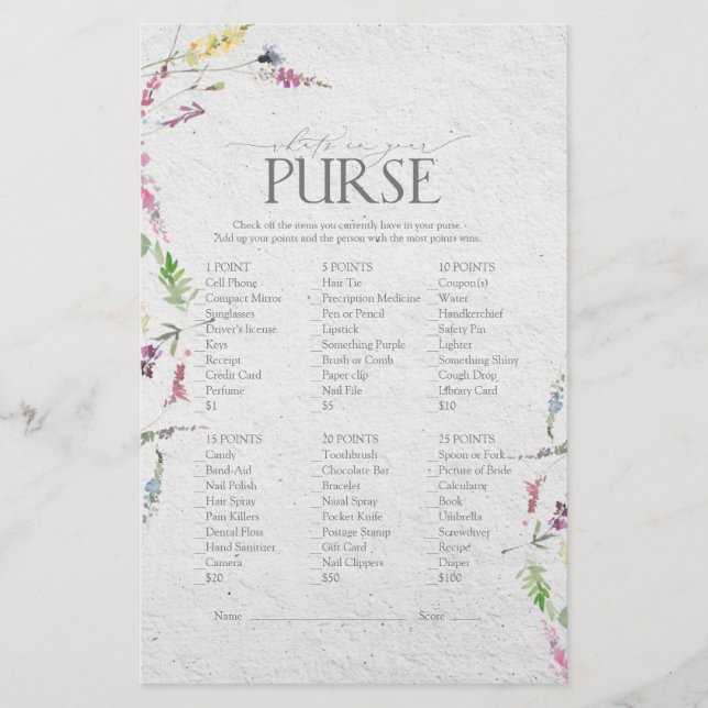 Wildflower Watercolor Foral Bridal Shower Game (Front)