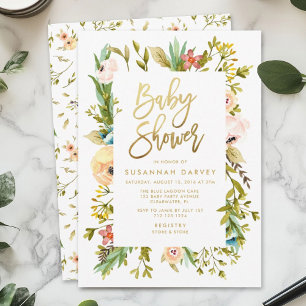 Wildflower Watercolor GOLD Calligraphy Baby Shower Invitation