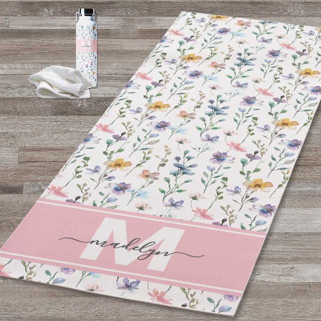 Wildflower Watercolor Monogram Yoga Mat (Wildflower Watercolor Custom Name Monogram Yoga Mat)