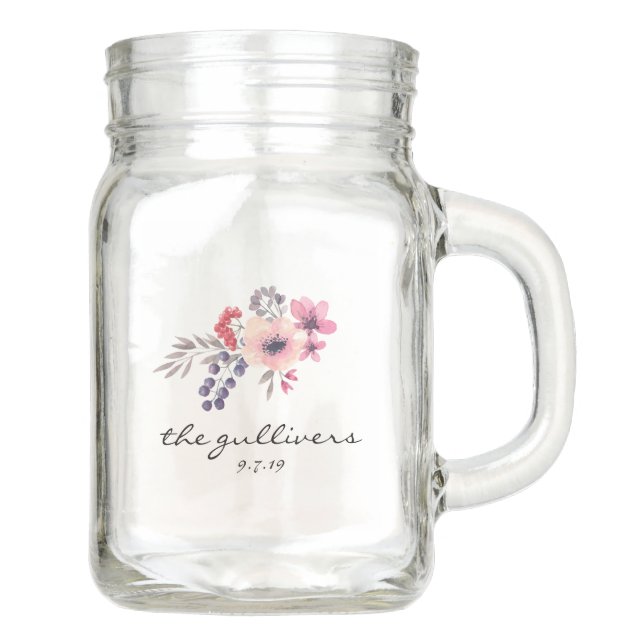 Wildflower Watercolor Wedding Toasting Glasses Mason Jar (Front)