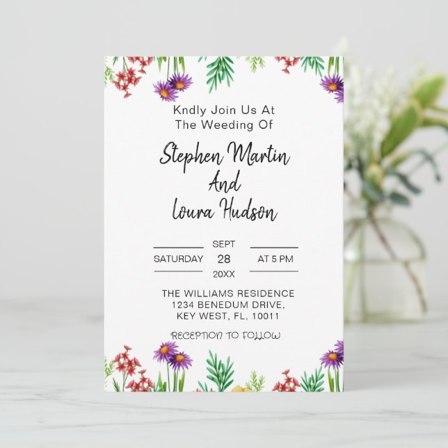 Wildflower Wedding  Boho Wildflower Floral Wreath  Invitation (Standing Front)