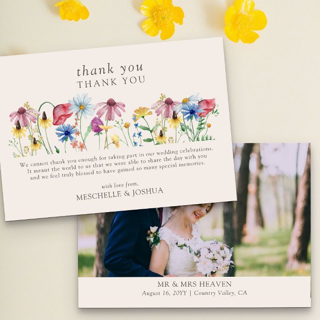 Wildflower Wedding Country Floral Photo Thank You Card (Wedding Photo thank you card from my Wildflower Charm weddding collection)