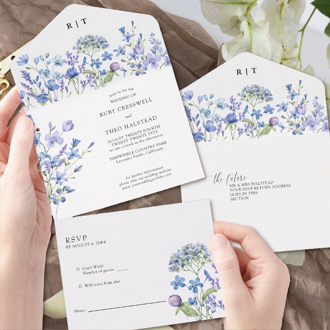 Wildflower Wedding Delicate Periwinkle Wild Flower All In One Invitation (Trifold wedding invitation with tear-off RSVP from Lilac + Periwinkle Wildflower Wedding Collecton)
