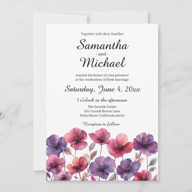 Wildflower Wedding Invitation in Purple and Pink (Front)