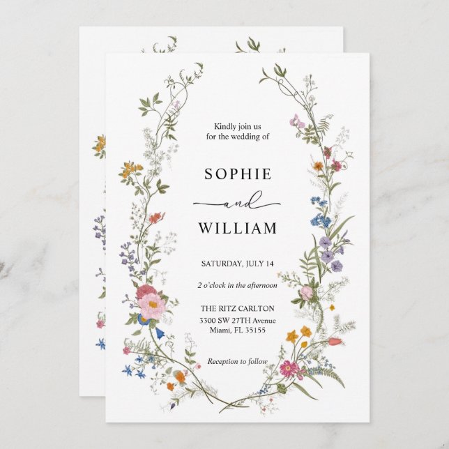 Wildflower Wedding Invitation Template, Printable  (Front/Back)