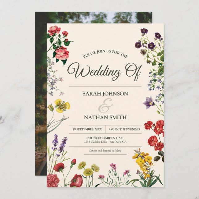 Wildflower Wedding Invitation with Custom Photo (Front/Back)
