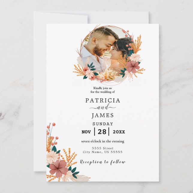 Wildflower Wedding Invite Template, Photo Wedding  (Front)