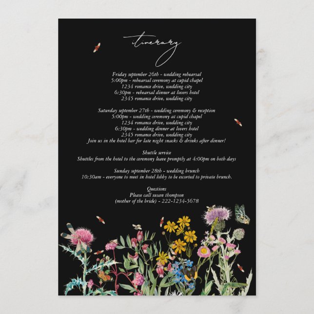 Wildflower Wedding  Itinerary Program Black Boho (Back)