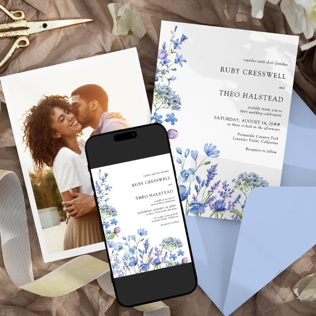 Wildflower Wedding Lilac Periwinkle Floral Photo Invitation (Photo Wedding Invitation from my Lilac + Periwinkle Wildflower Wedding Collection)