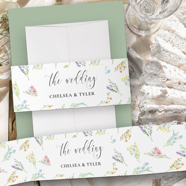 Wildflower Wedding Meadow Flower Invitation Invita Belly Band (Delicate bouquets and elegant script, a perfect match to wrap around your wedding invites)