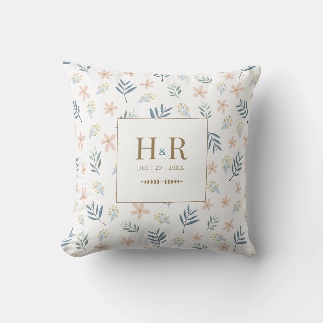 Wildflower Wedding Monogram Pillow Cushion (Front)
