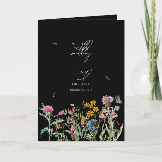 Wildflower Wedding Order of Service Black Boho Program (Front)
