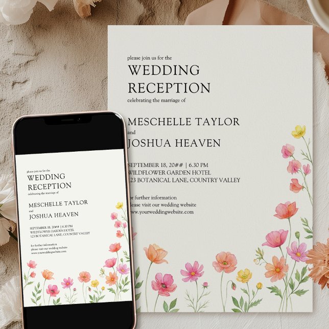 Wildflower Wedding Reception Pink Orange Floral Invitation (Wedding Reception Invitation available professionally printed or as a printable digital download)