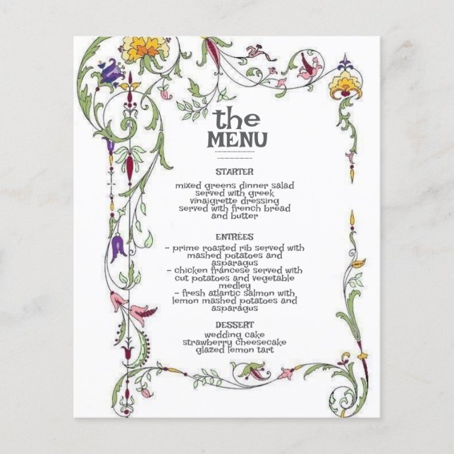 Wildflower Wedding Rustic Country Wild Flower Menu (Front)